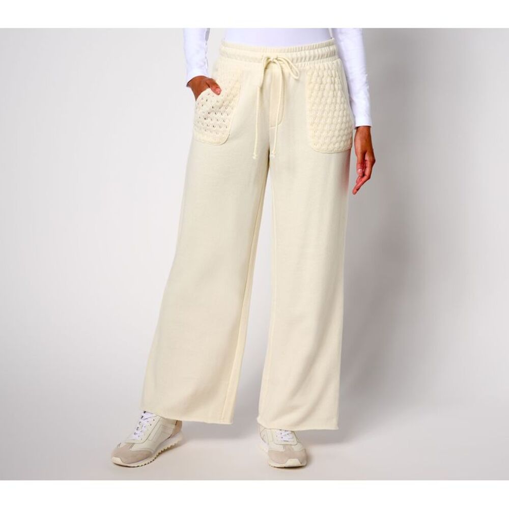 Peace Love World Women's Pants Sz S French Terry Crochet Ankle Pant White